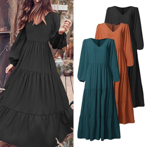 2/$40 Boho Black Flowy Tiered Maxi Swing Dress Long Sleeve Fall Plus Size XXL - Picture 1 of 5
